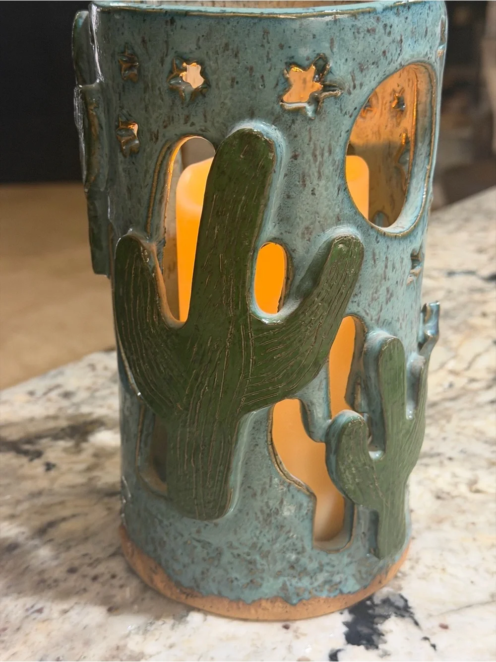 1978 Signed Studio Pottery Southwest Cactus Coyote Luminary Candle Lantern 9”